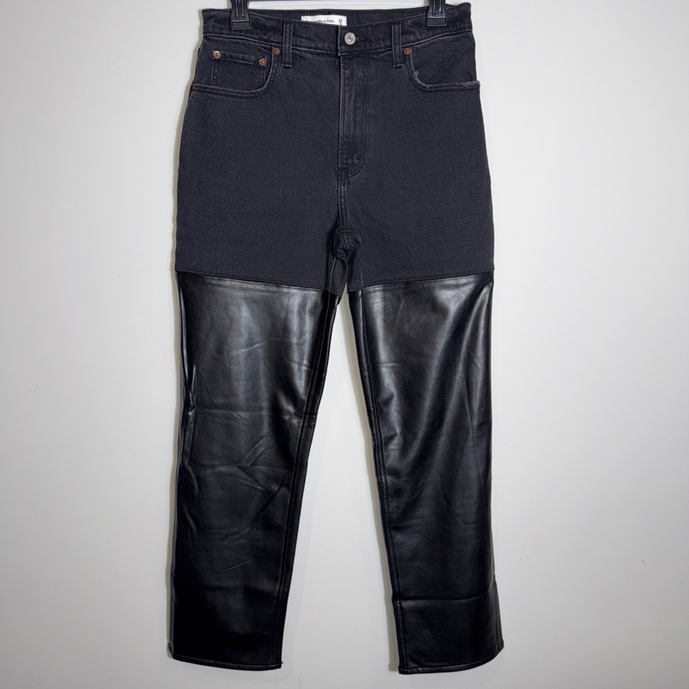 Abercrombie & Fitch The 90s Straight Ultra High Rise Black Leather Sz 28/6S NWOT